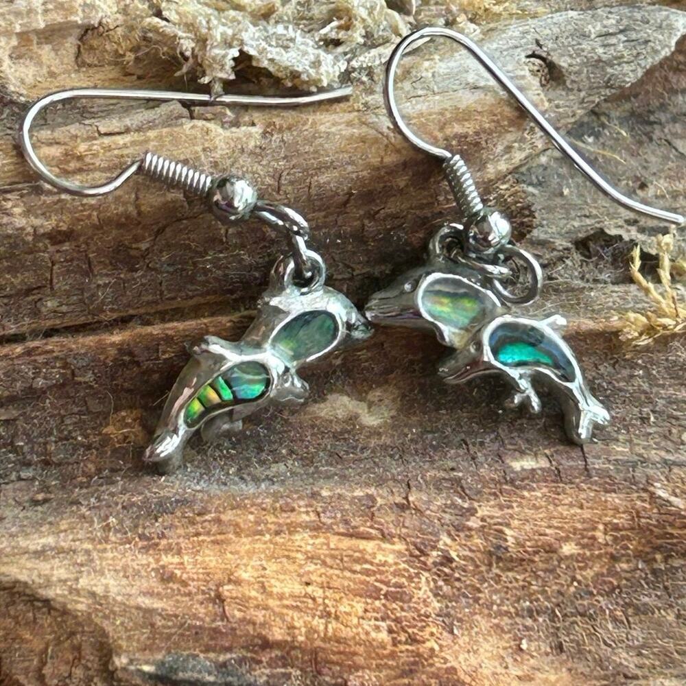 Vintage dangling dolphin earrings silver tone iridescent shell